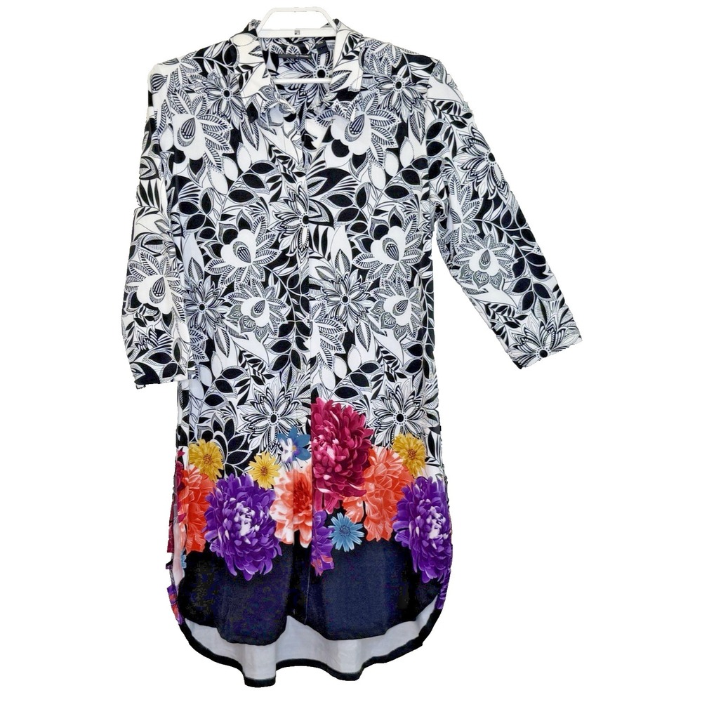 Attitudes by Renee Tunic Top Duster Sz Medium Multicolor Mixed Print 3/4 Sleeve